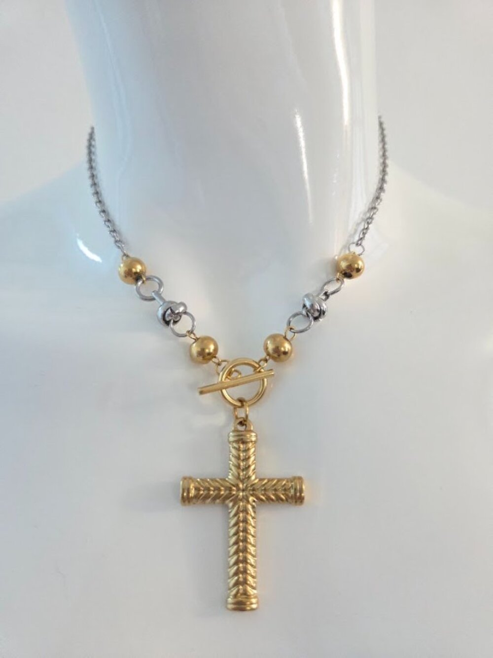 Two Tone Gold Silver Chevron Cross Toggle Chain Necklace